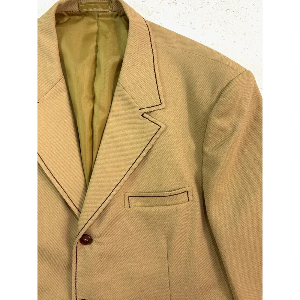 vtg 70s Bespoke 44S Tan Knit Polyester Blazer Jacket Sport Suit‎ Coat Leisure